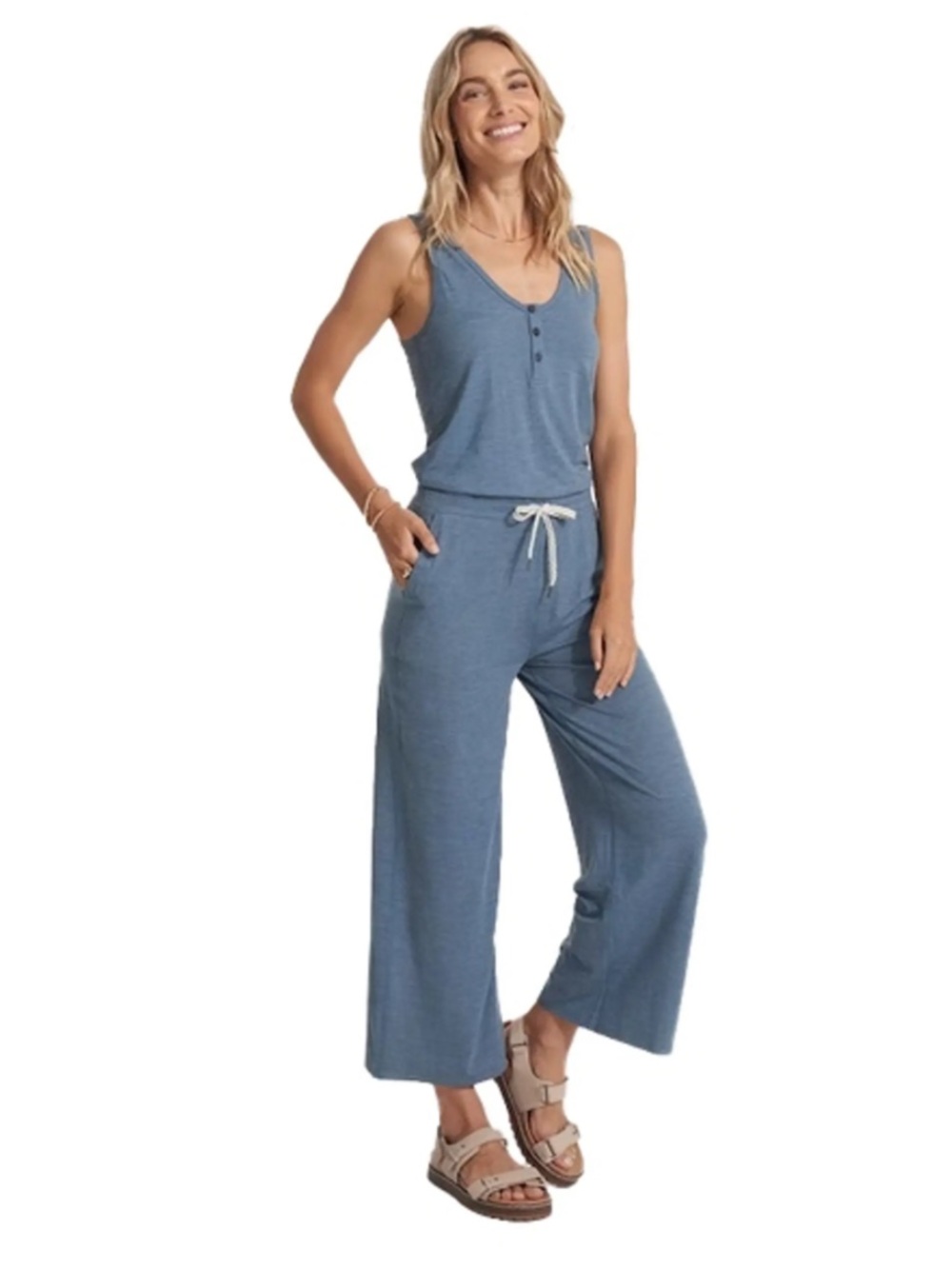 VUORI Falls Sleeveless Wide-Leg Jumpsuit in Azure Heather, Medium